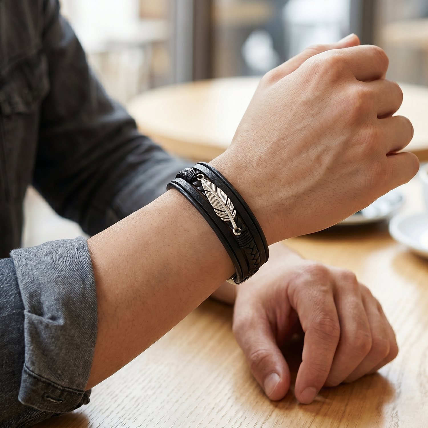 Pulseira de Couro e Aço Inoxidável 316L