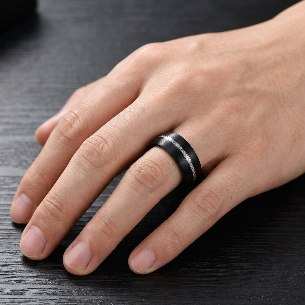 Brushed Tungsten Ring with Meteorite Inlay