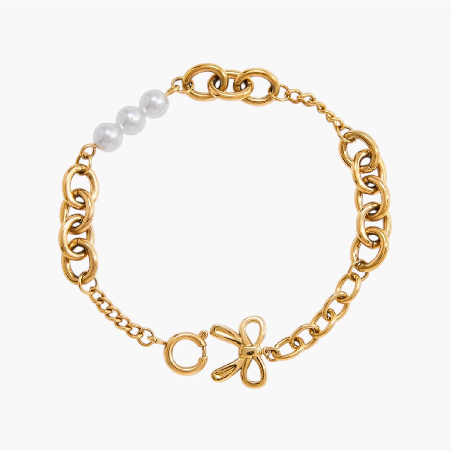 Pulseira Elo com Pérolas e Laço em Aço Inoxidável