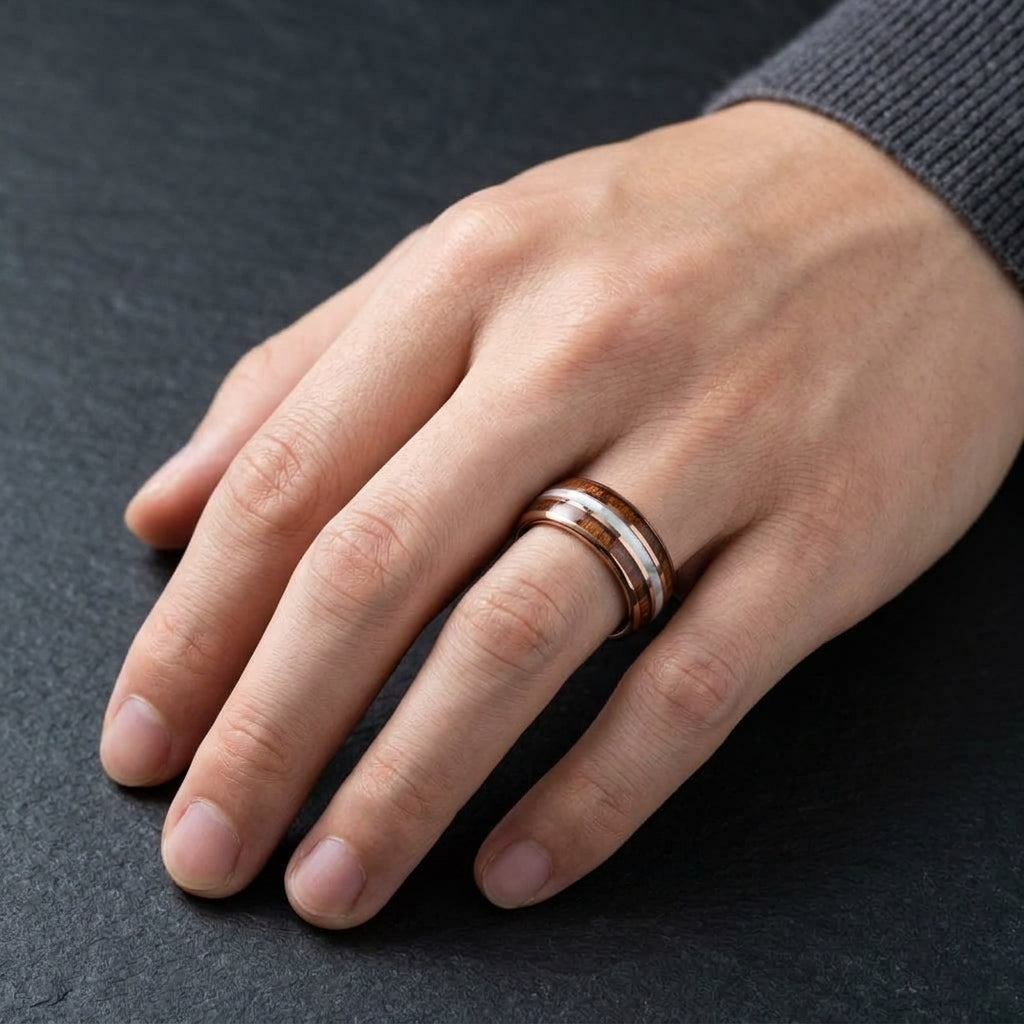 Rose Gold Tungsten Ring with Wood and Mother-of-Pearl