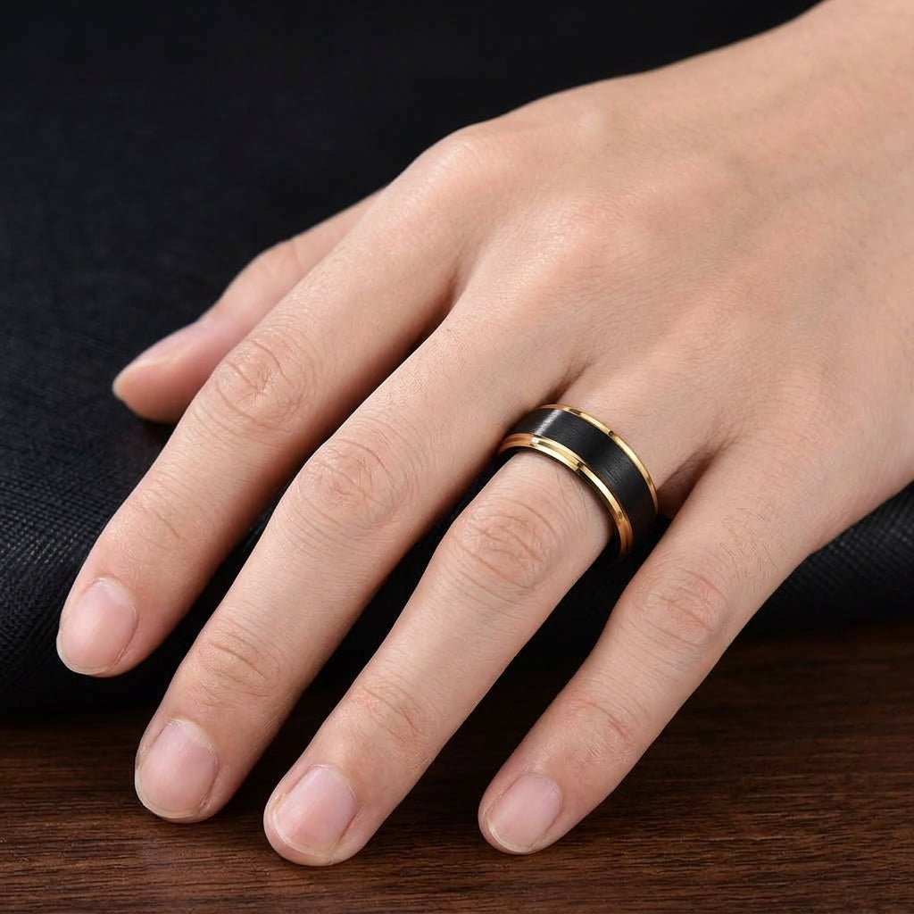 Brushed Black Tungsten Ring with Gold Beveled Edge