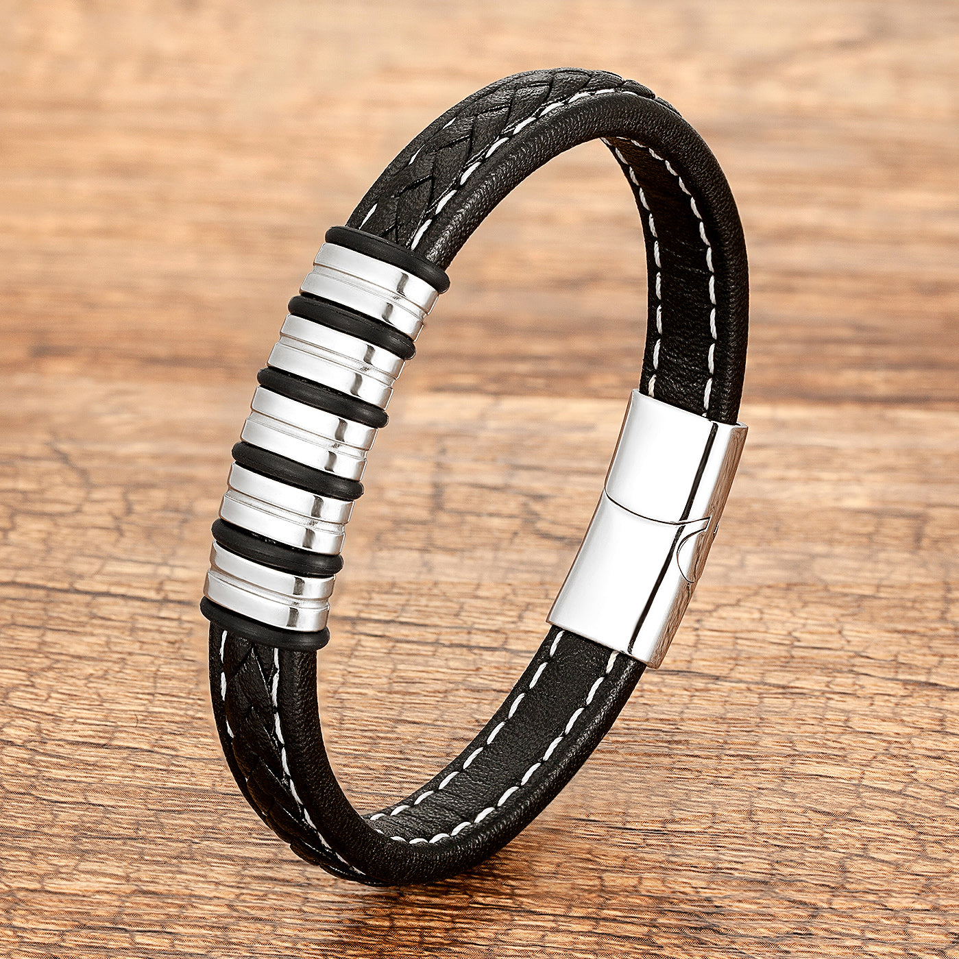 Pulseira de Couro e Aço Inoxidável