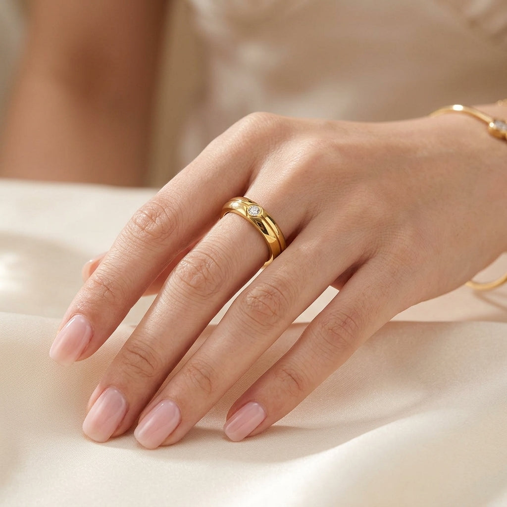 Stainless Steel Solitaire Couple's Ring