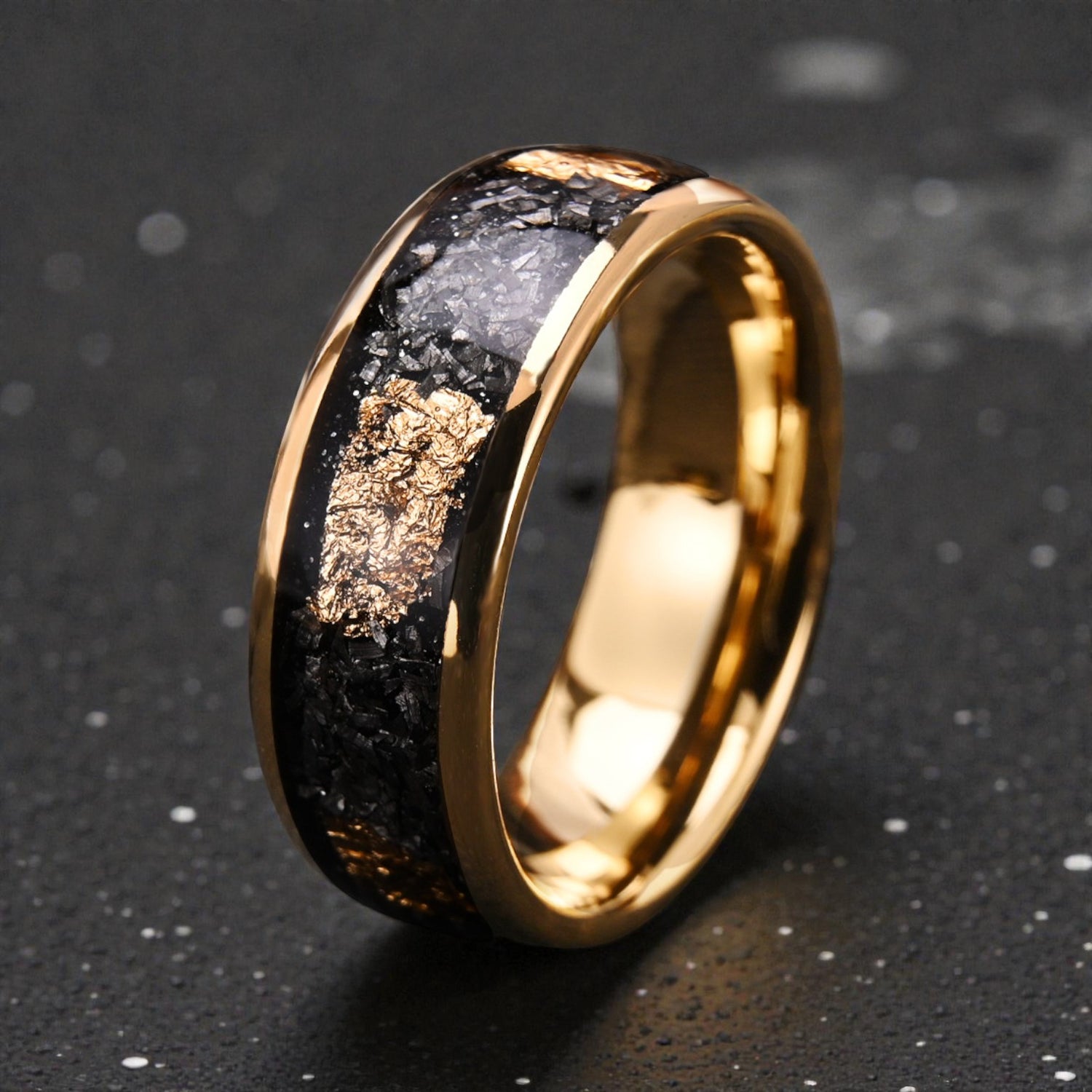 Anel em Aço de Tungsténio com Folha de Ouro
