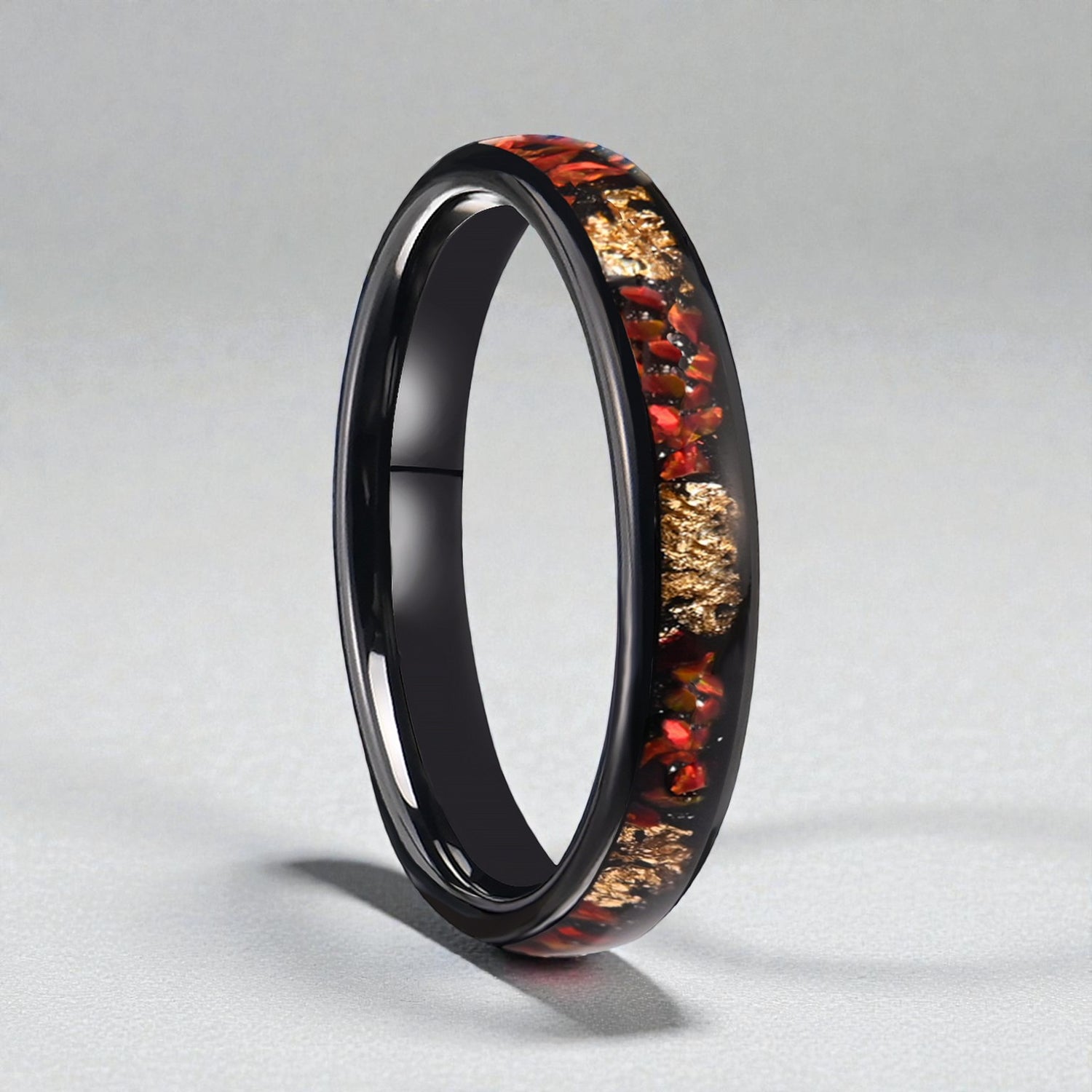 Anel de Tungsténio com Incrustação de Opala e Folha de Ouro