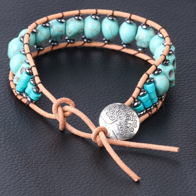 Pulseira Skull de Couro e Pedra Natural