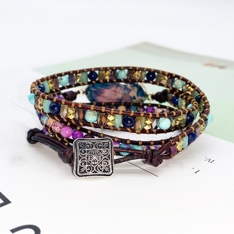 Pulseira Boêmia de Couro e Pedra Natural