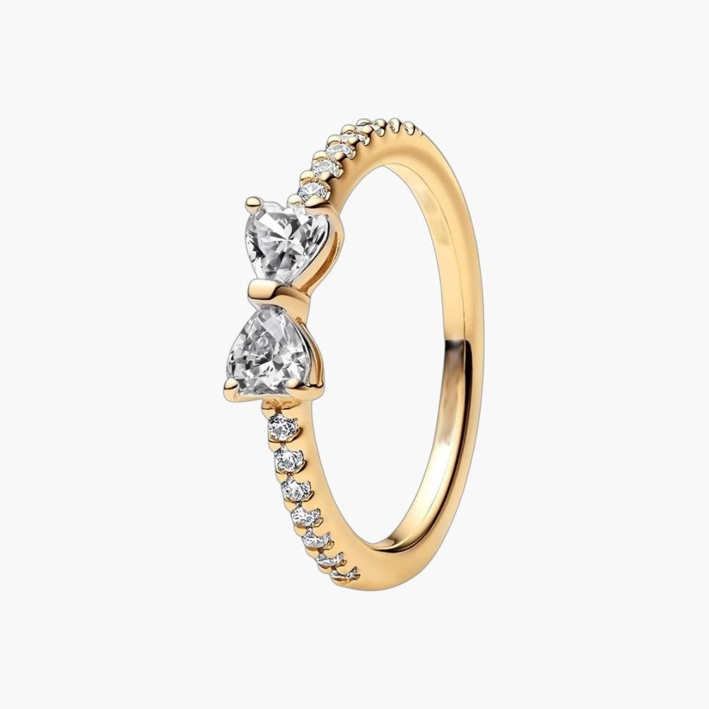 Gold Bow Ring with Heart-Shaped Zirconias
