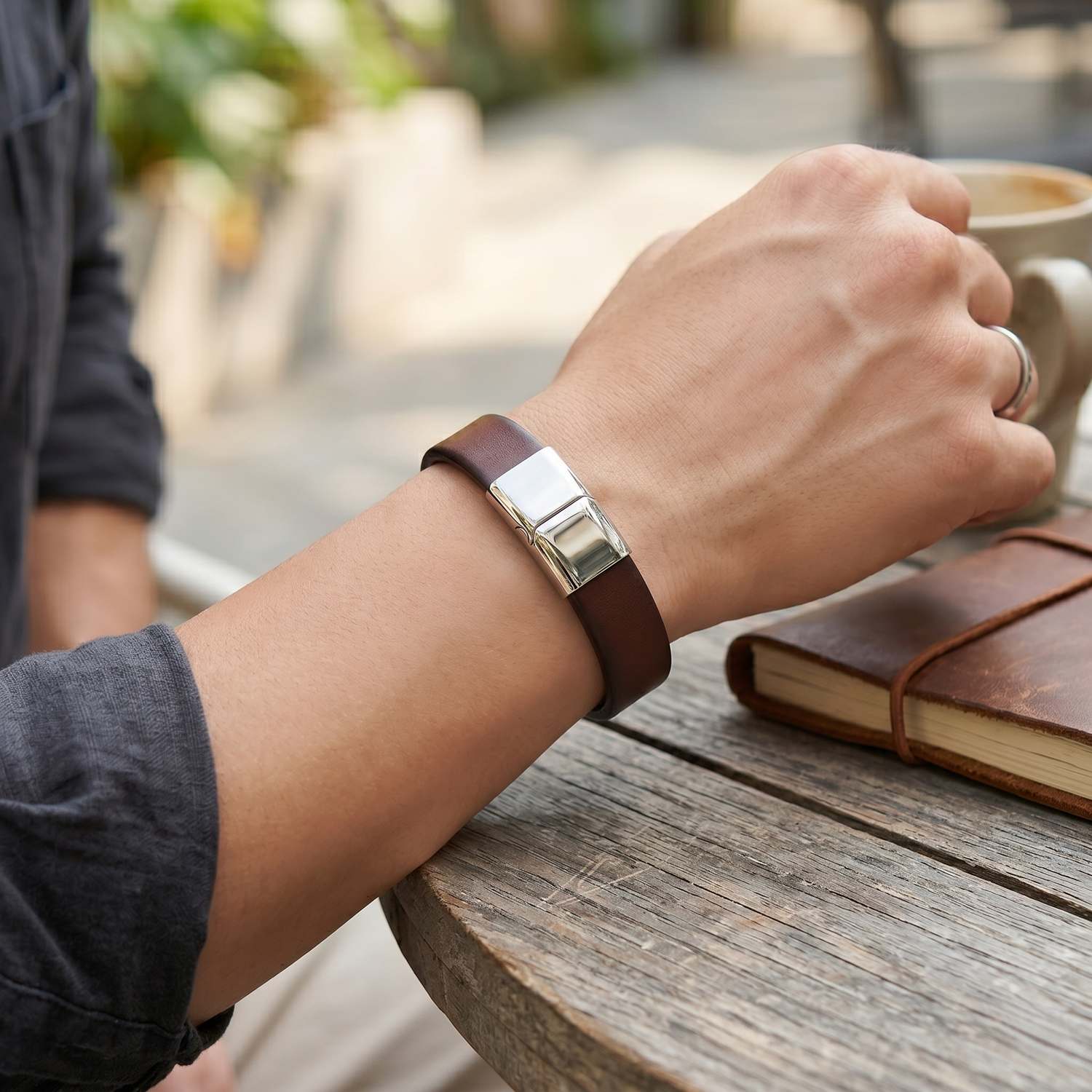 Pulseira em Pele Genuína e Aço Inoxidável