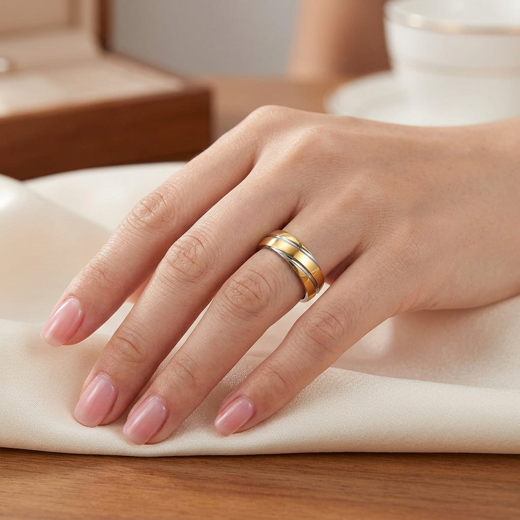 Two-Tone Stainless Steel Diagonal Band Ring