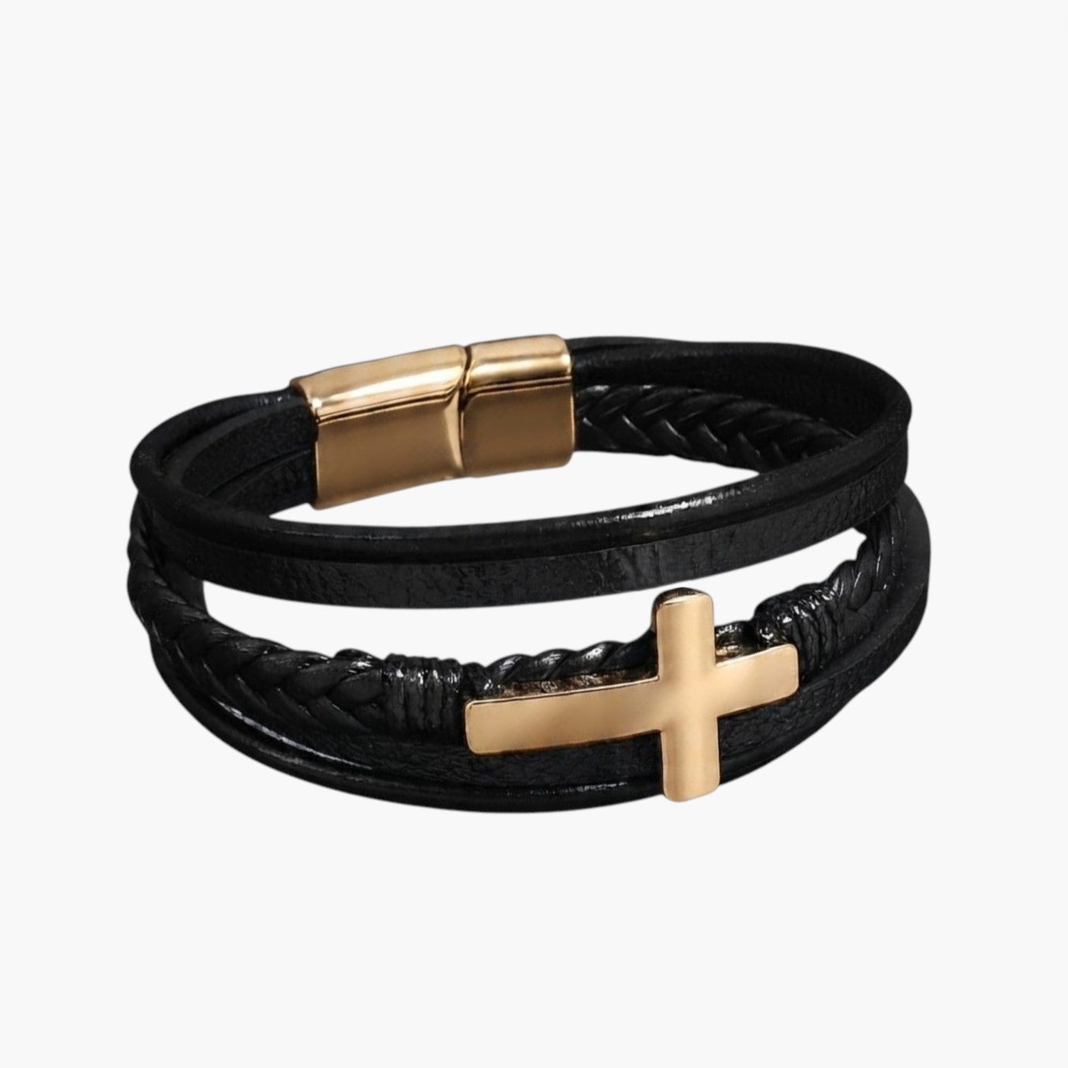 Pulseira Cruz de Couro e Aço Inoxidável