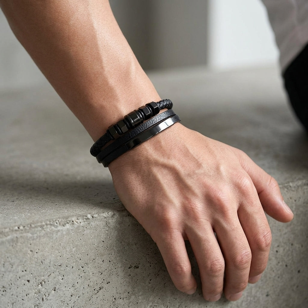 Pulseira Hexagonal em Couro e Aço Inoxidável