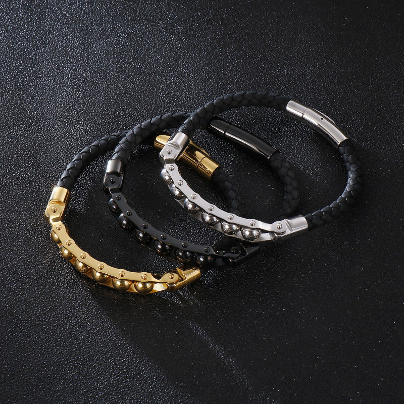 Pulseira de Couro e Aço Titânio