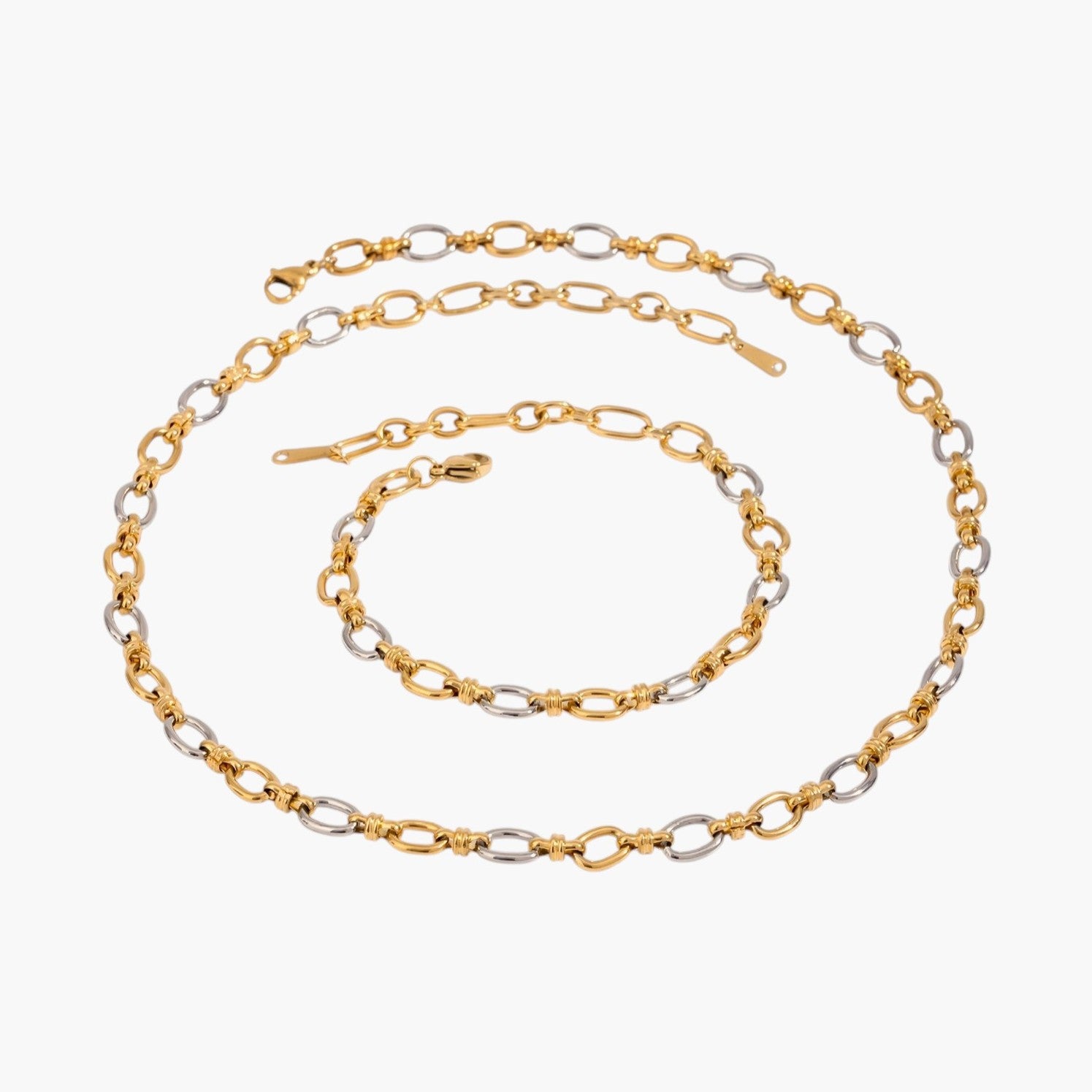 Conjunto Colar e Pulseira Elos Bicolor em Aço Inoxidável