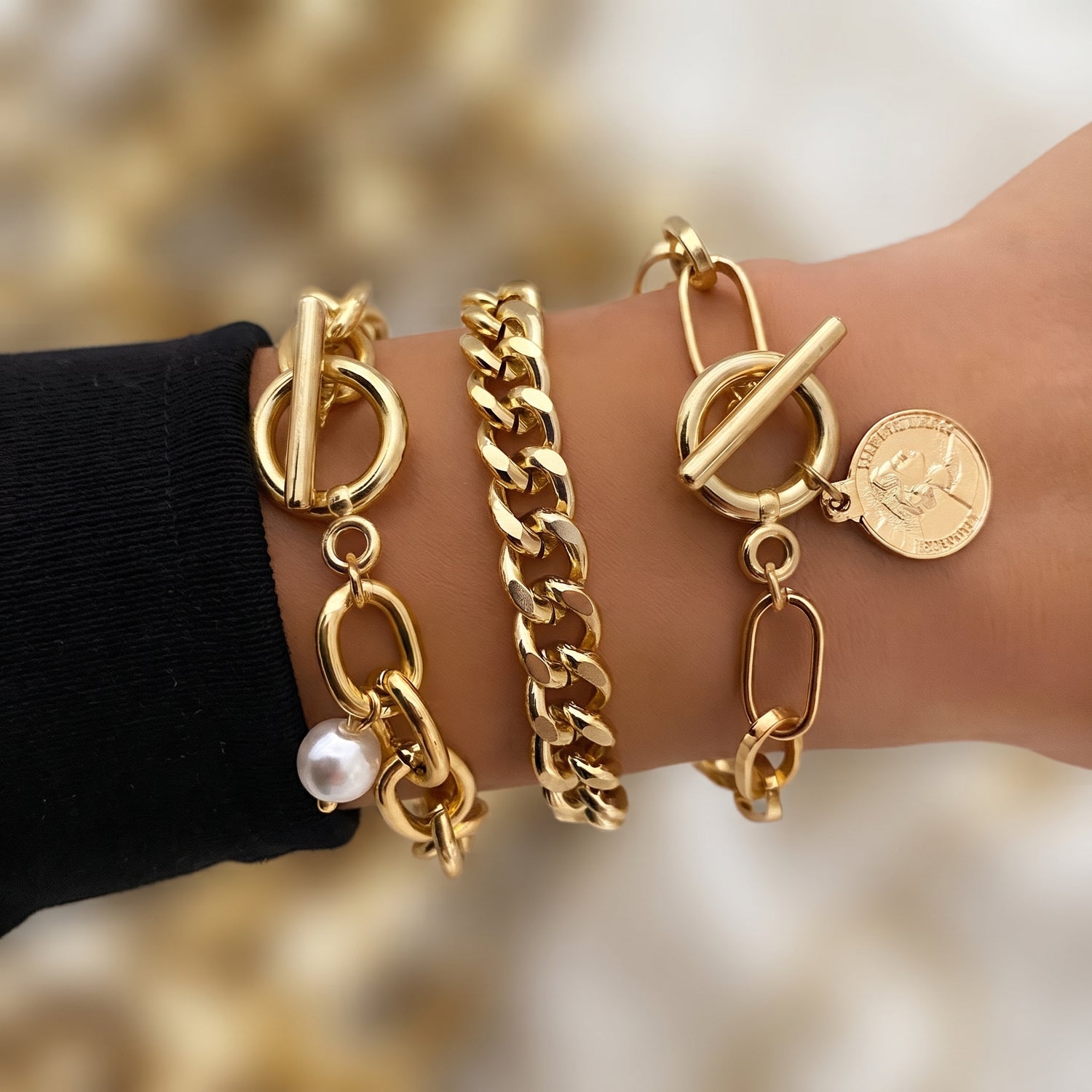 Conjunto de Pulseiras Corrente com Pérola e Moeda em Aço Inoxidável
