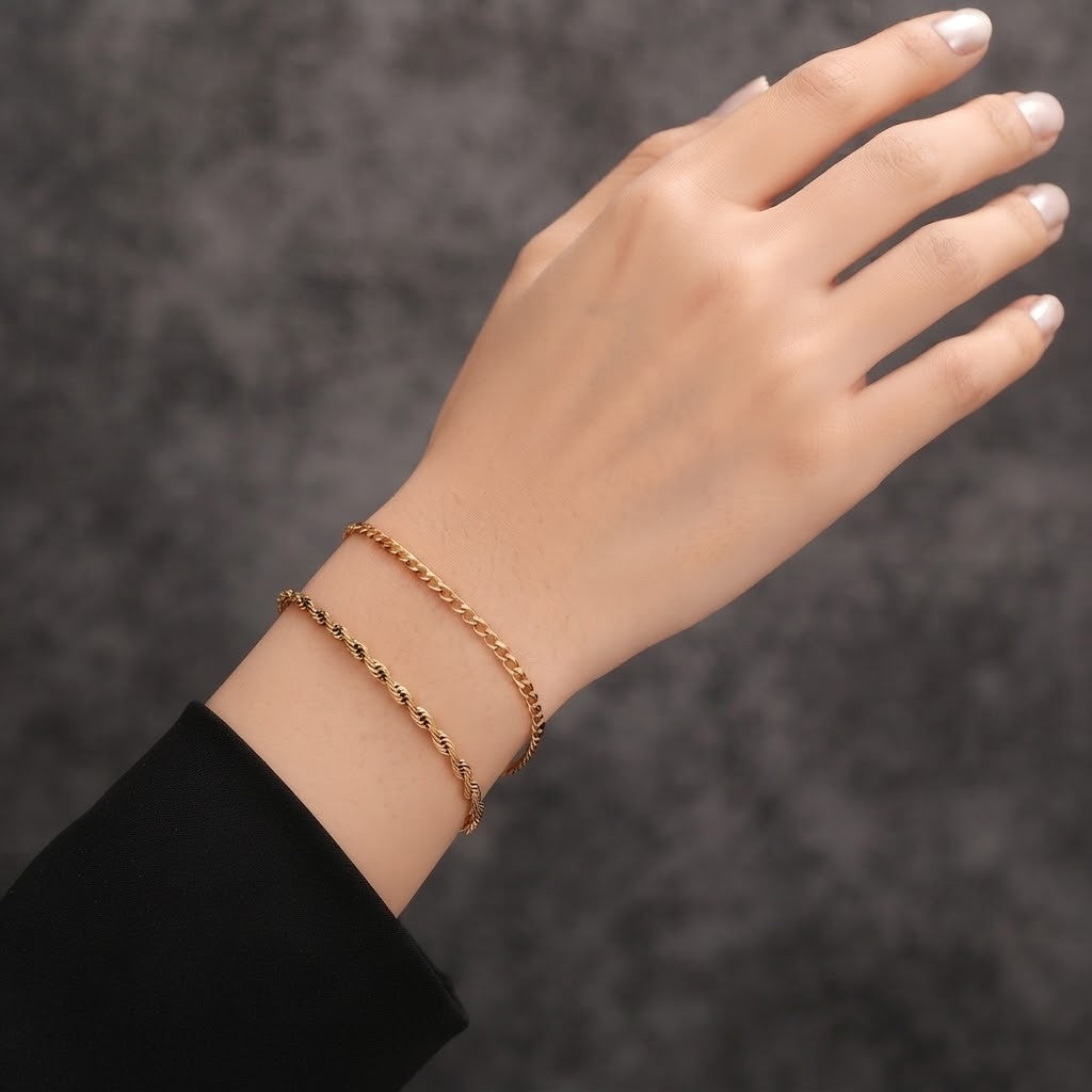 Conjunto de 2 Pulseiras Corrente Torcida e Elos em Aço Inoxidável