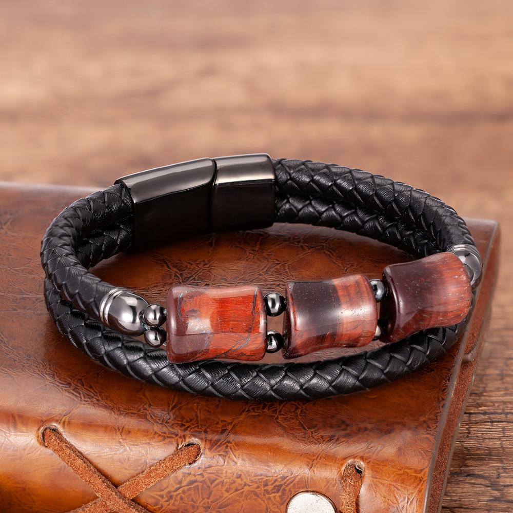 Pulseira de Couro e Pedra Natural