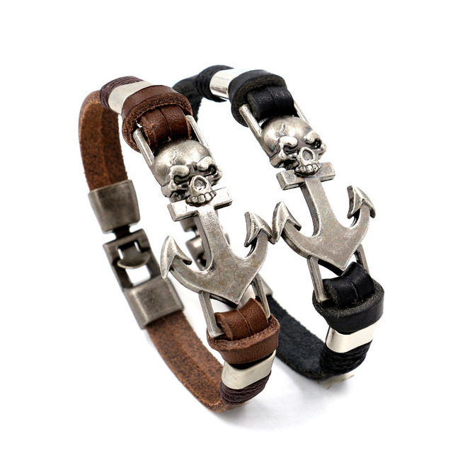 Leather Bracelet with Anchor and Skull