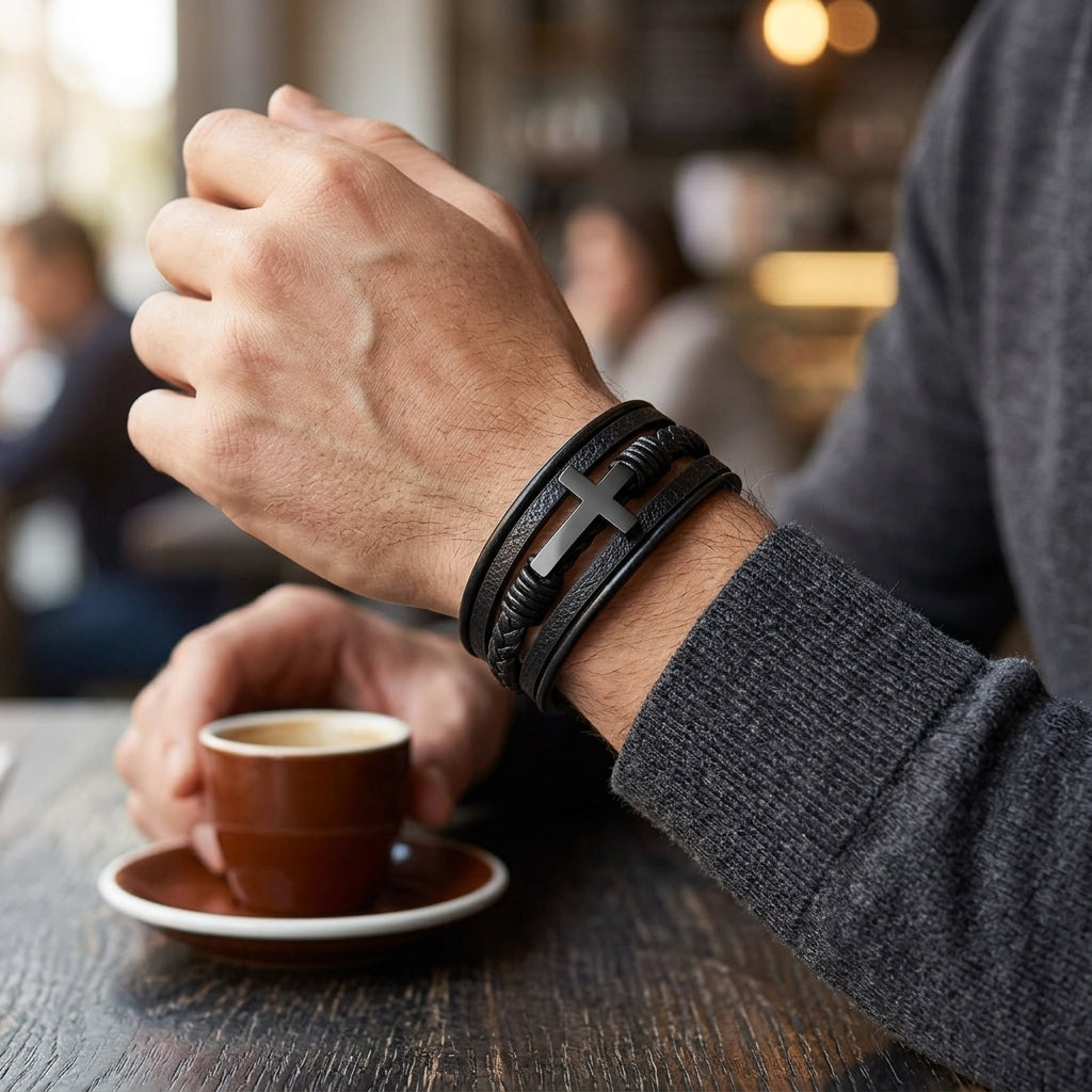 Pulseira em Couro e Aço Inoxidável com Cruz