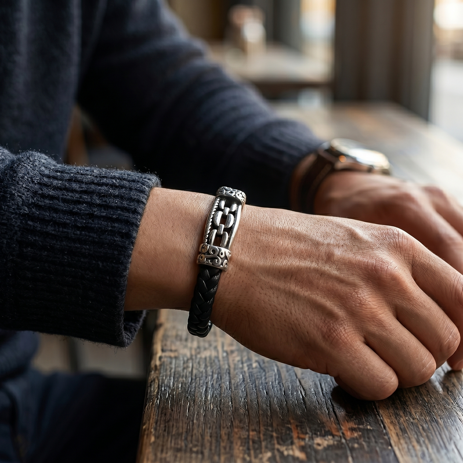 Men's Stainless Steel Braided Leather and Chain Bracelet
