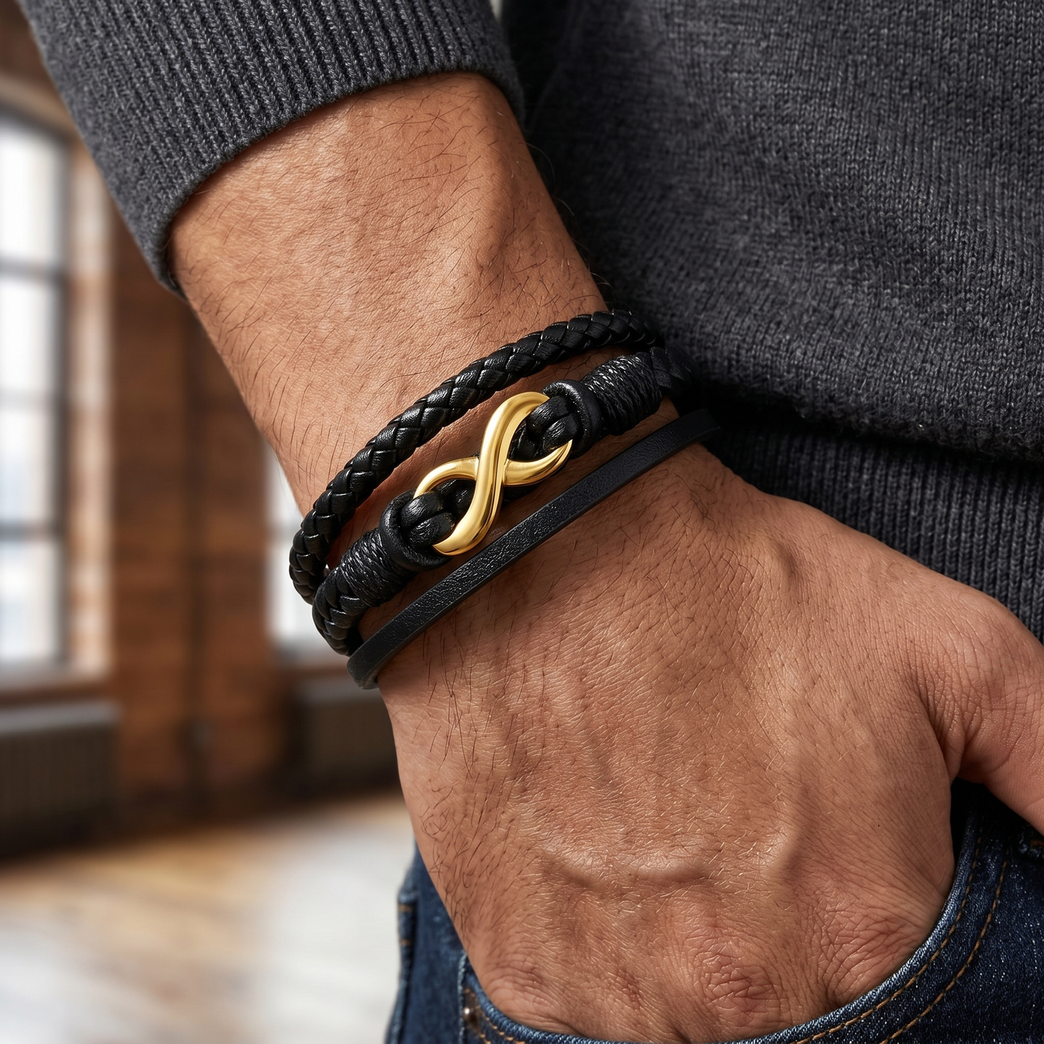 Pulseira Infinito em Couro e Aço Inoxidável 316L