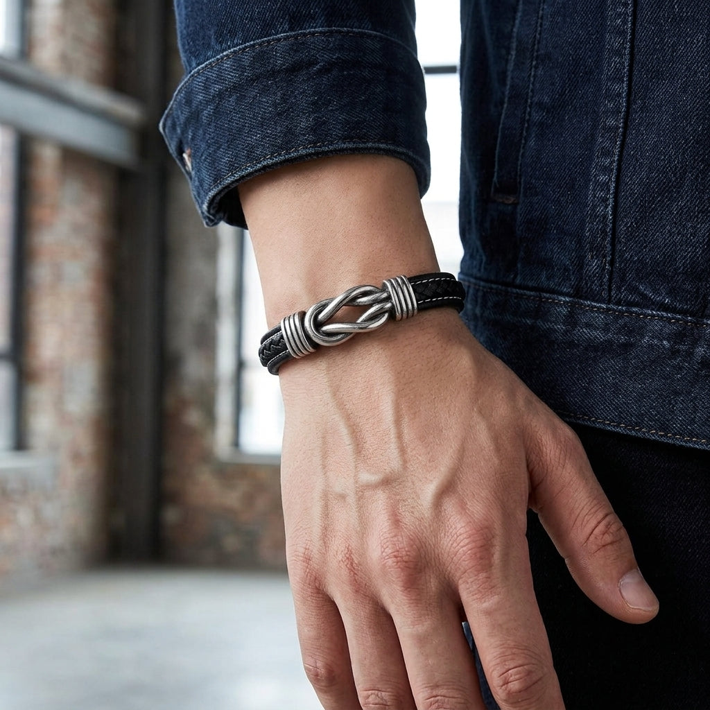 Pulseira de Couro com Nó Marinheiro em Aço Inoxidável