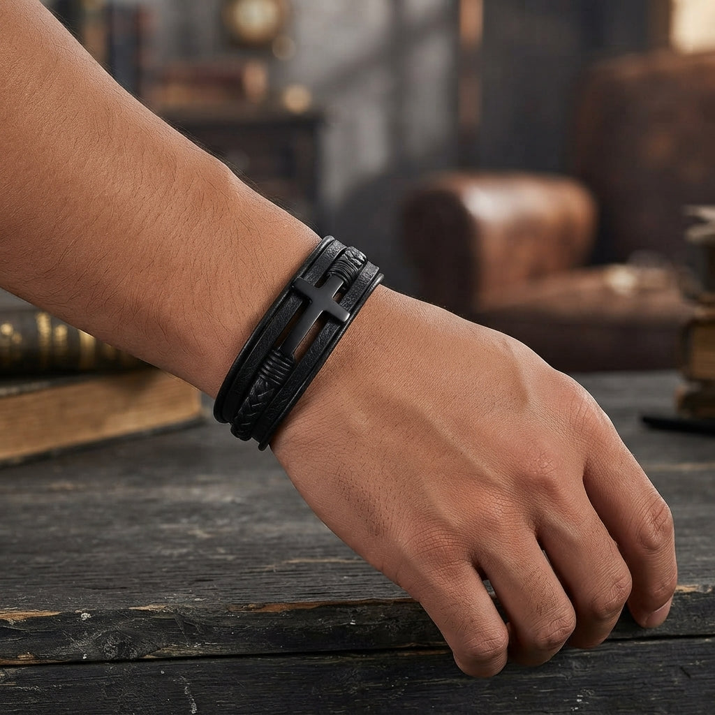 Cross Bracelet in Leather and Stainless Steel
