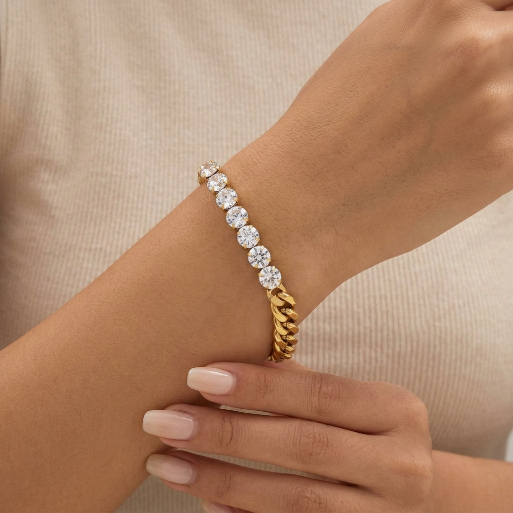 Conjunto de Colar e Pulseira de Elo Gourmette com Zircónias