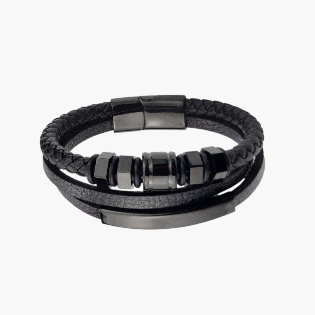 Pulseira Hexagonal em Couro e Aço Inoxidável