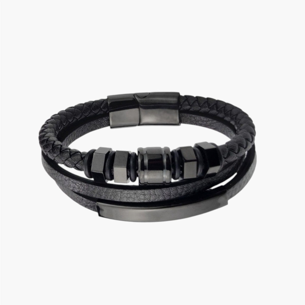 Pulseira Hexagonal em Couro e Aço Inoxidável