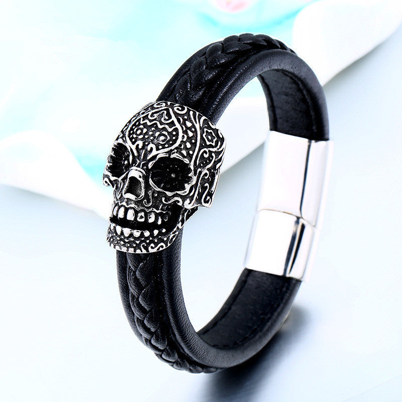 Pulseira Skull de Couro e Aço Inoxidável 316L