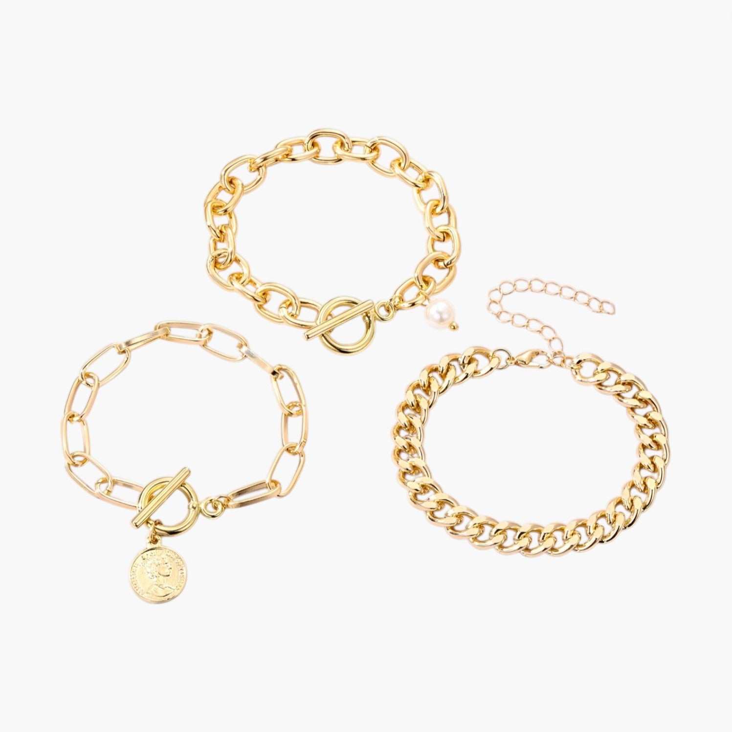 Conjunto de Pulseiras Corrente com Pérola e Moeda em Aço Inoxidável