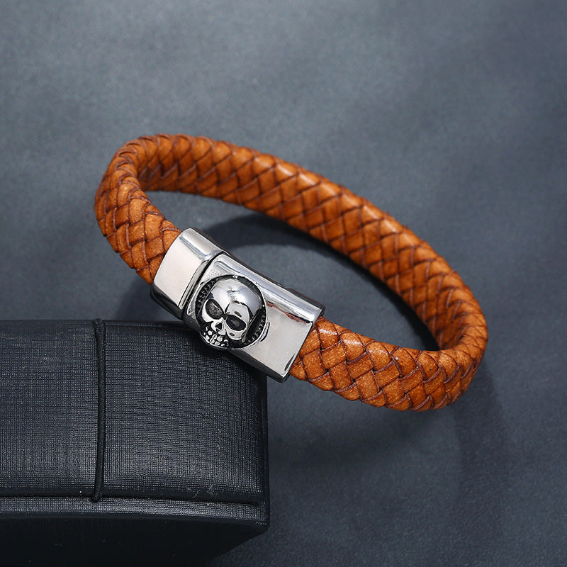 Pulseira Skull de Couro e Aço Inoxidável
