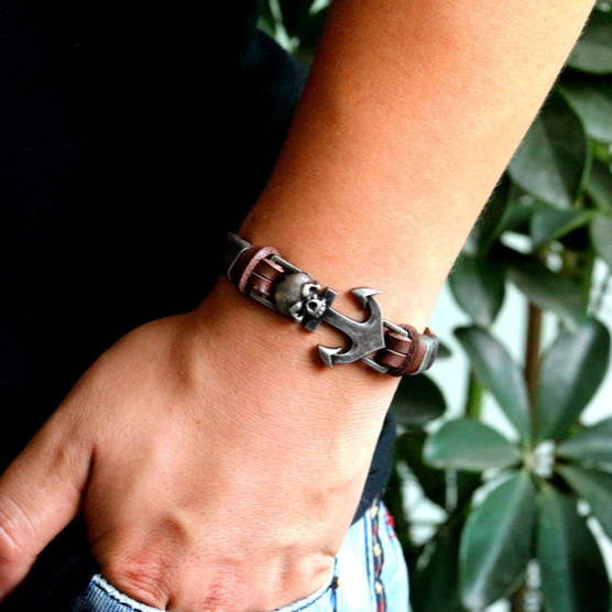 Leather Bracelet with Anchor and Skull