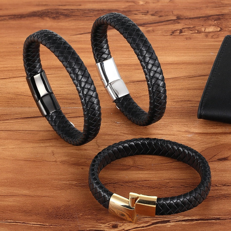 Pulseira de Couro e Aço Inoxidável