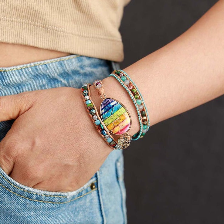 Pulsera de cuero y piedra natural de los 7 chakras