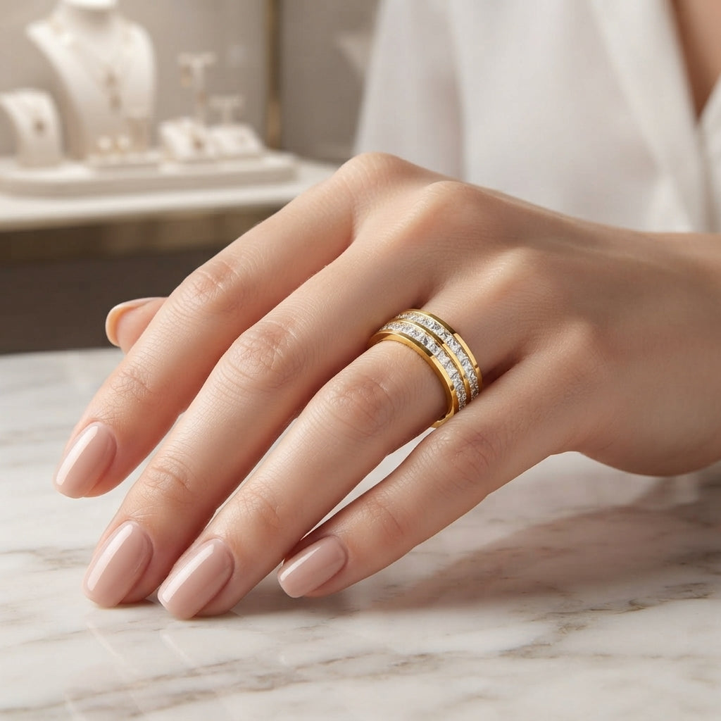 Stainless Steel Double Pavé Ring