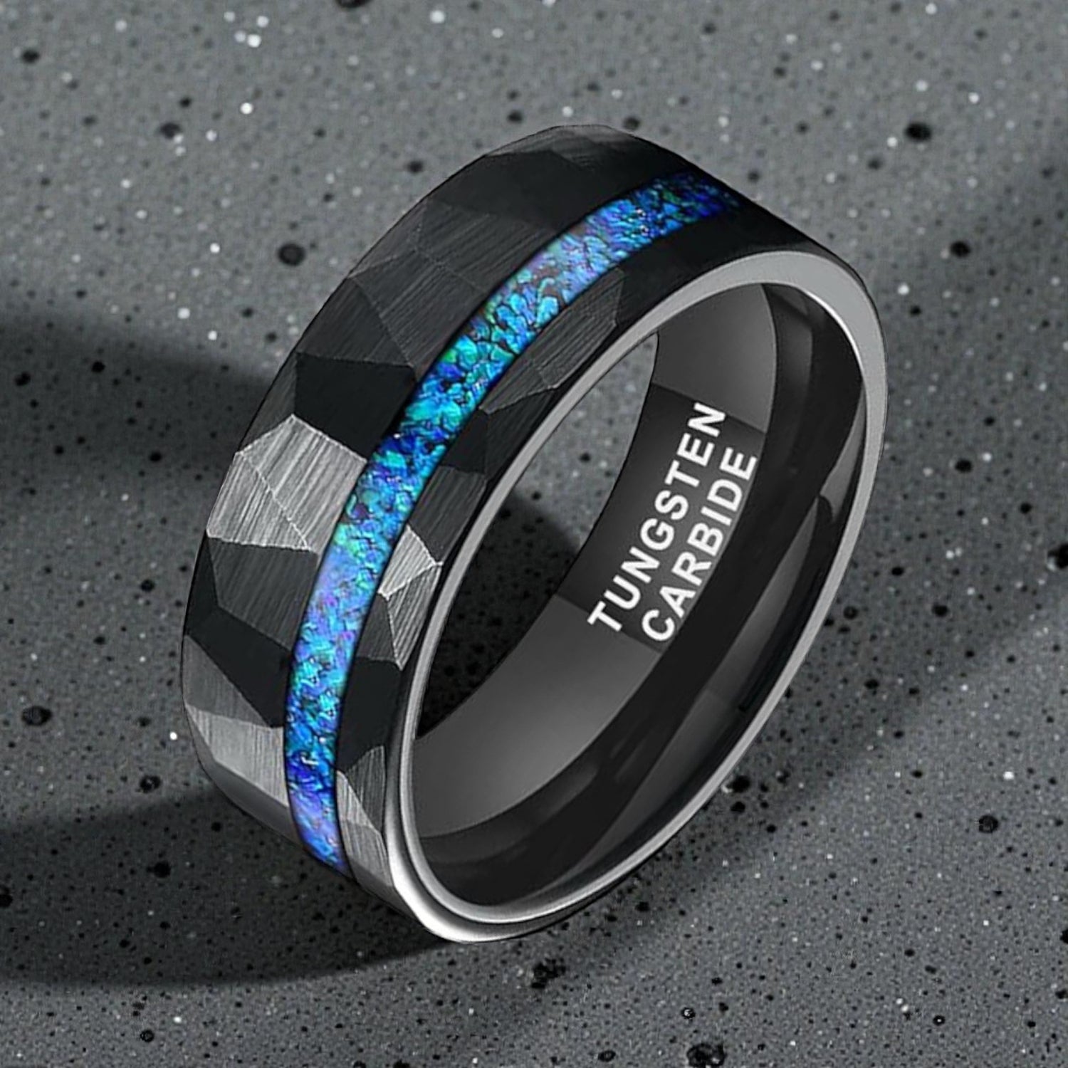 Anel de Tungsténio com Incrustação de Opala Azul