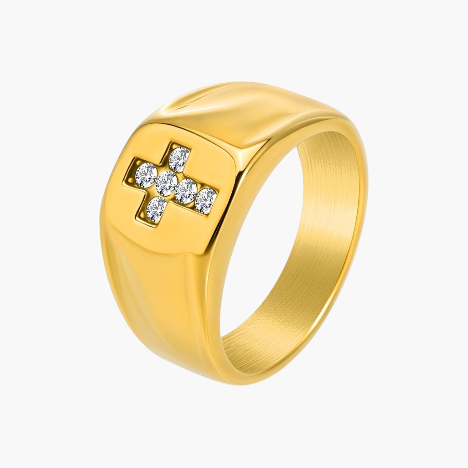 Anel Signet Cruz com Zircónias em Aço Inoxidável