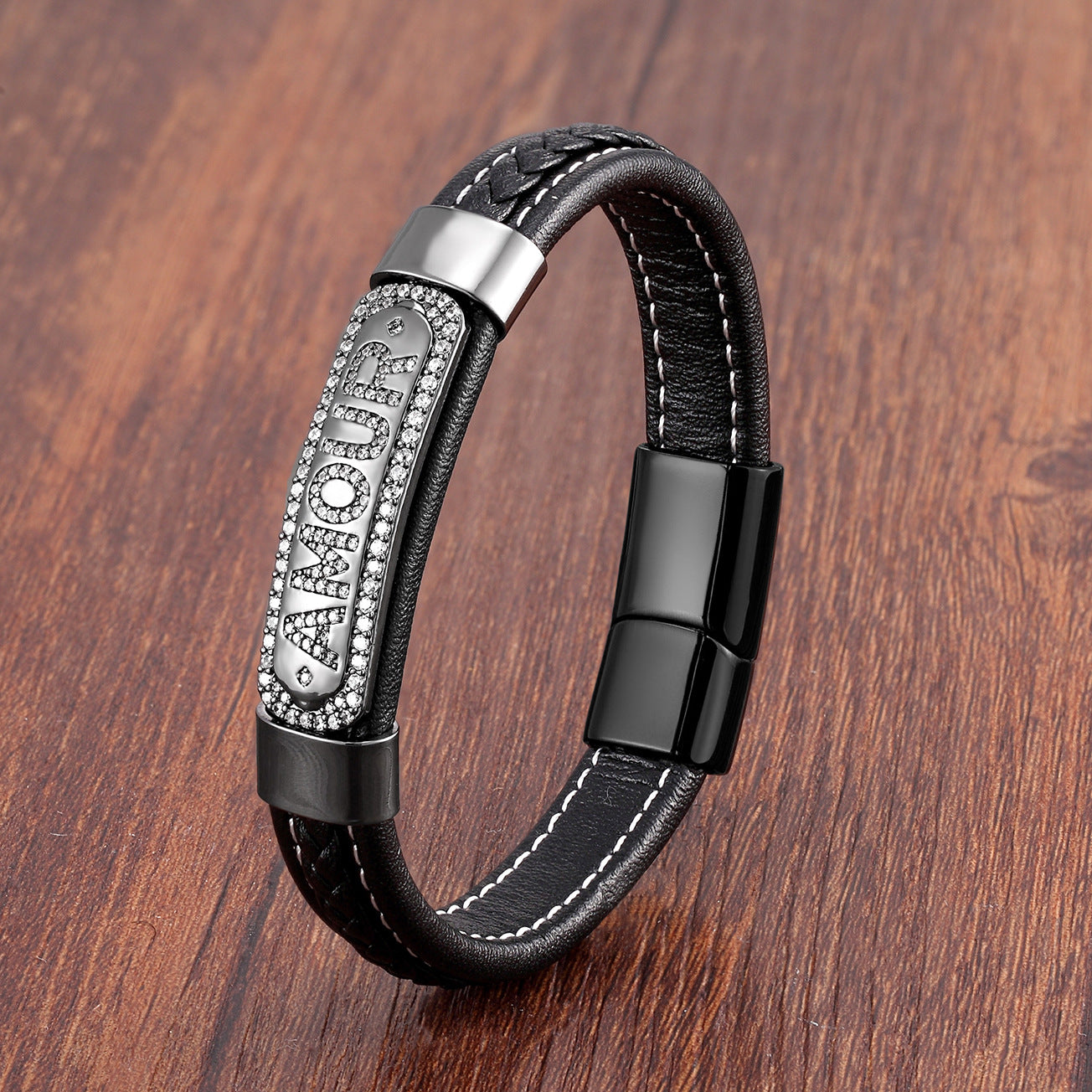 Pulseira de Couro e Aço Inoxidável