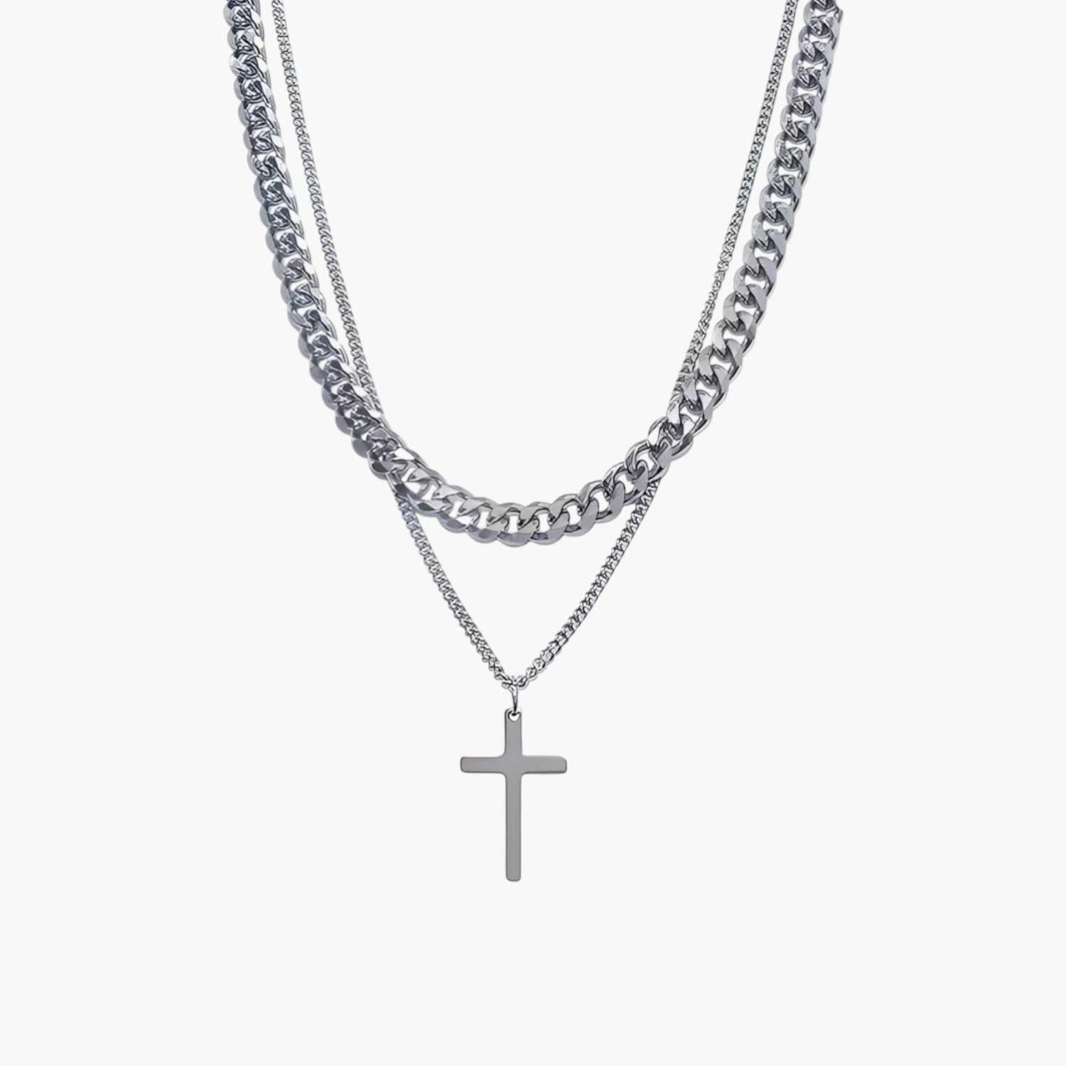 Colar Cruz Dupla Camada em Aço Inoxidável