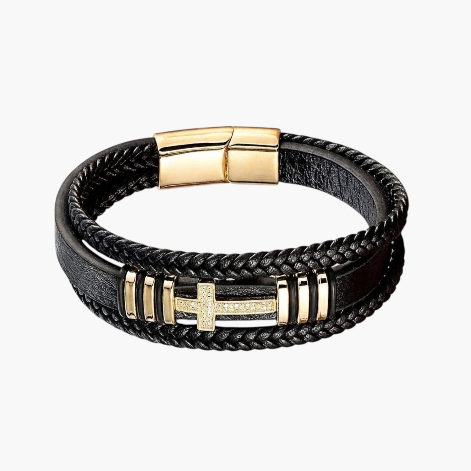 Pulseira Cruz em Couro e Aço Inoxidável
