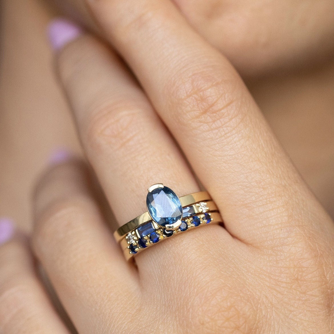 Anel Trio em Ouro com Topázio Azul