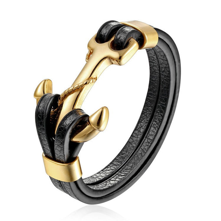 Pulseira Âncora de Couro e Aço Inoxidável