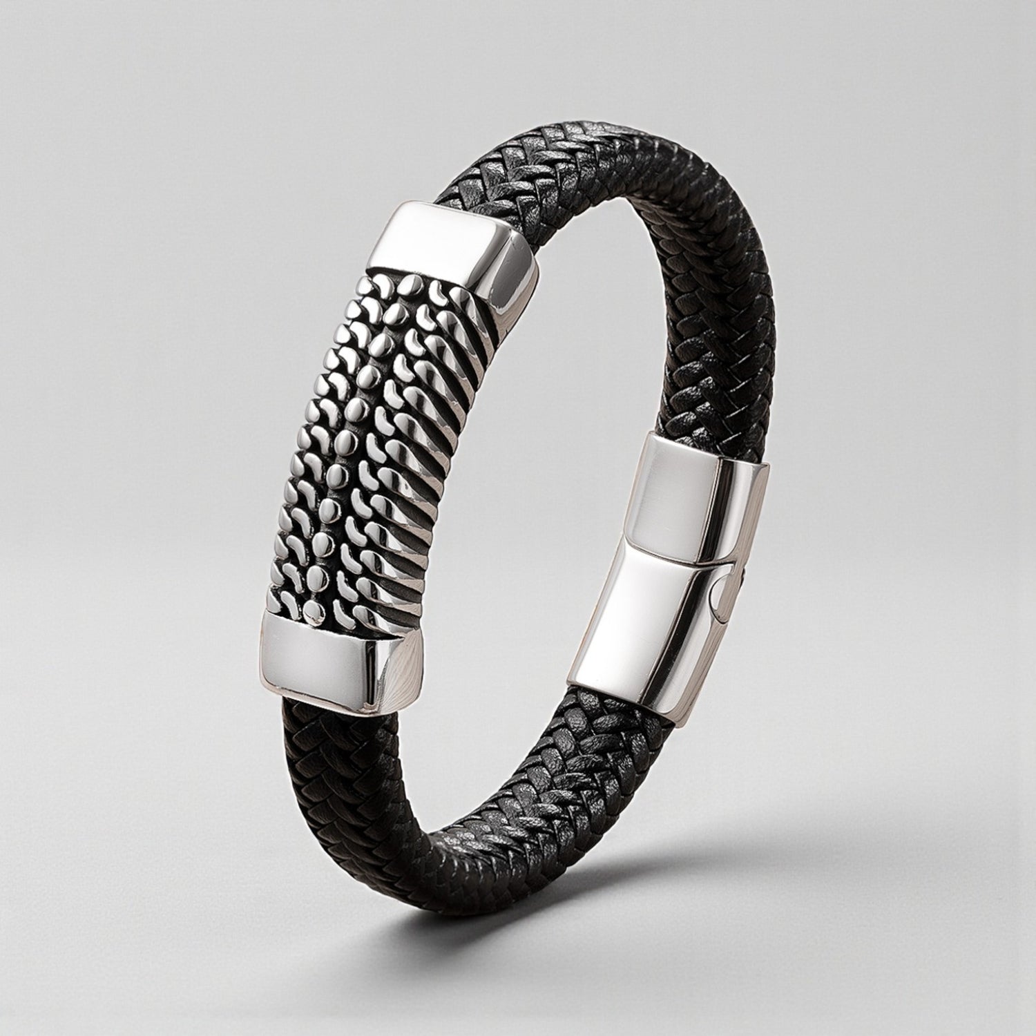 Pulseira de Couro e Aço Inoxidável