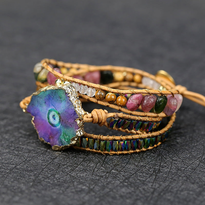 Pulseira Boêmia de Couro e Pedra Natural