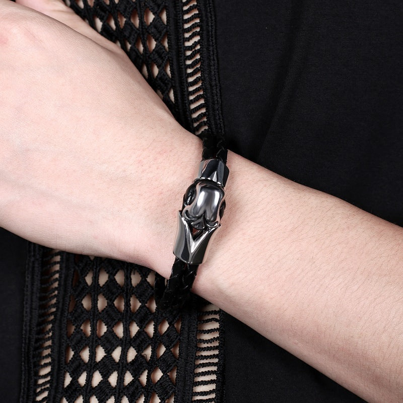 Pulseira Skull de Couro e Aço Inoxidável