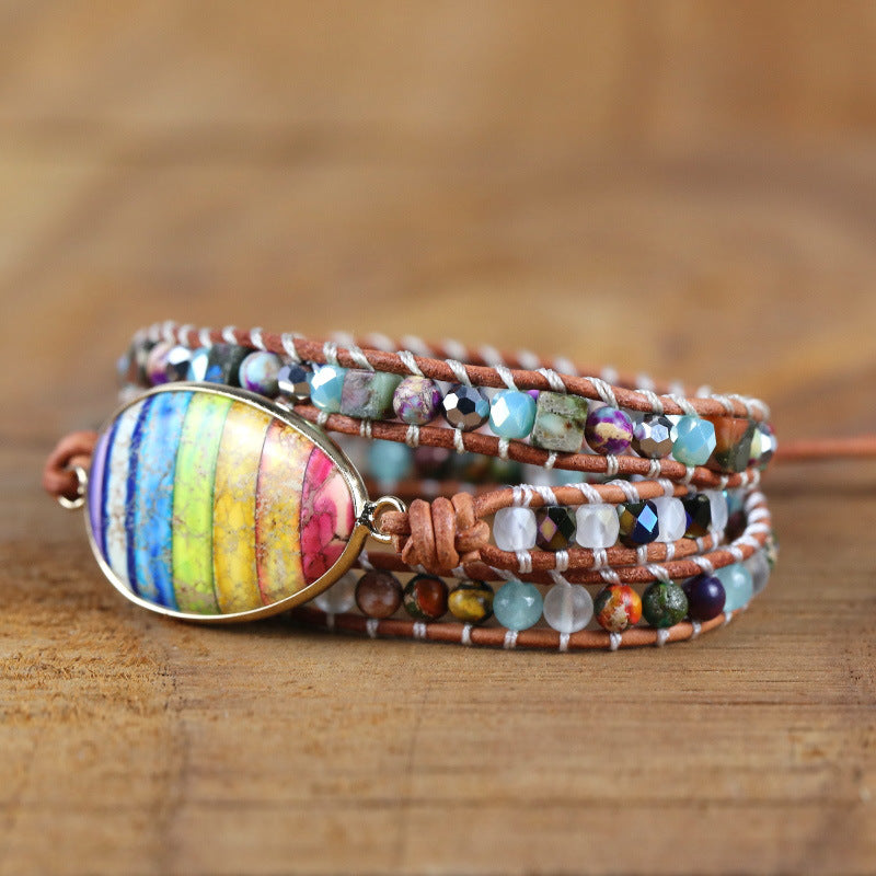 Pulseira Boêmia de Couro e Pedra Natural