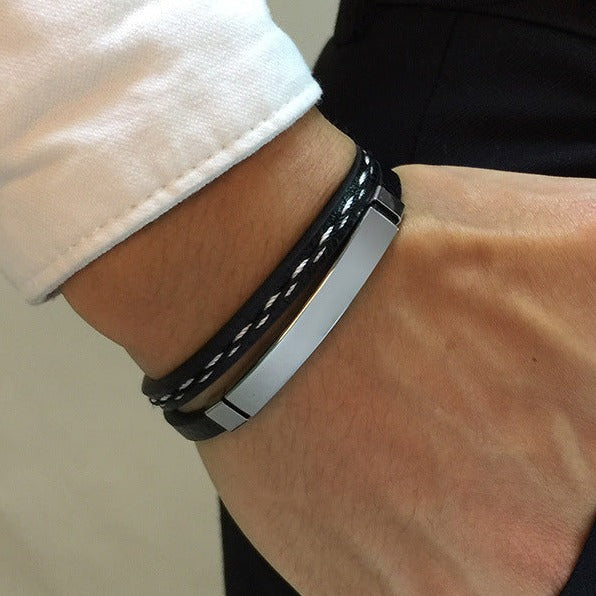 Pulseira de Couro e Aço Inoxidável