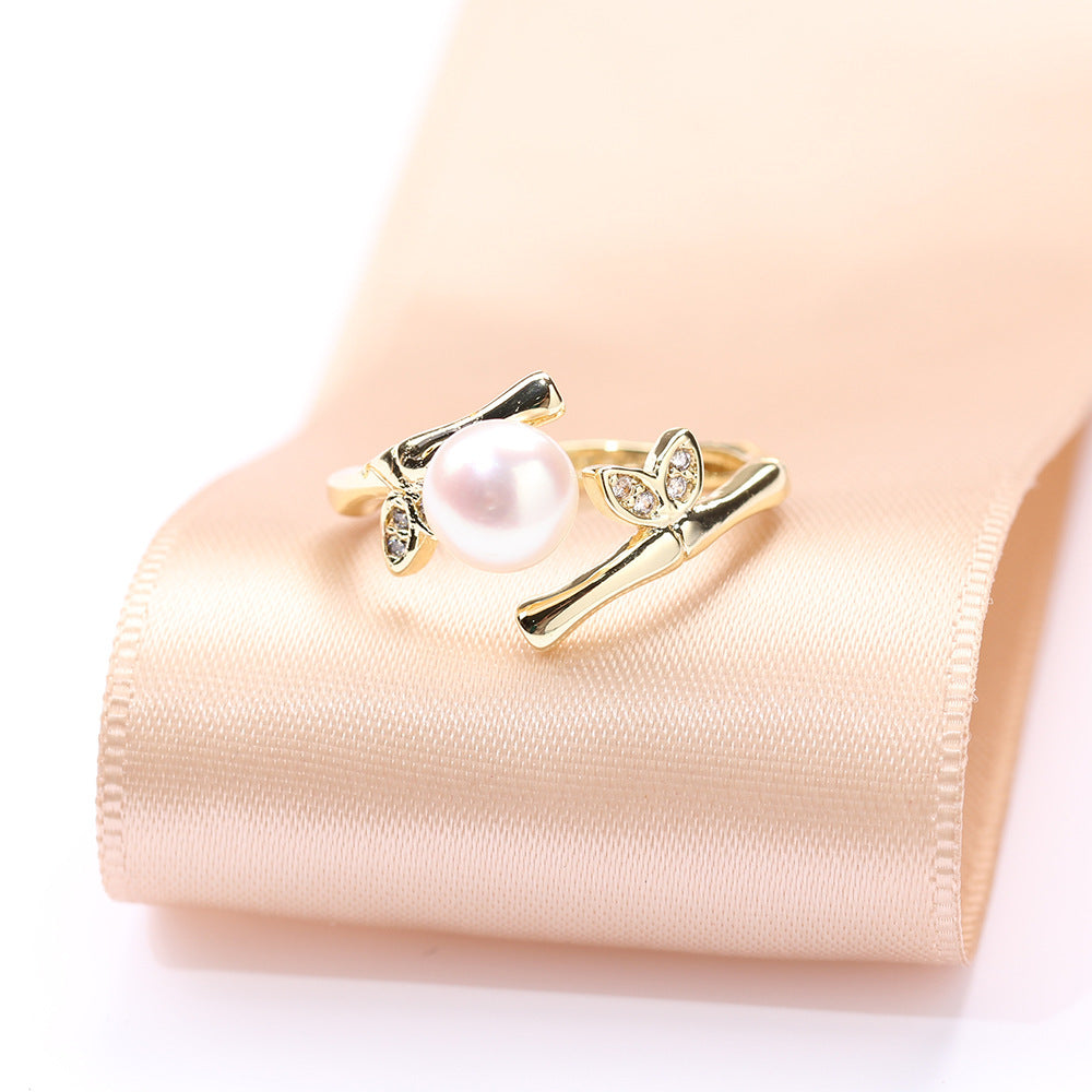 Anel Folha de Bambu com Pérola